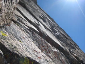 The Great Face 5.10 R pitch on S. Buttress Central